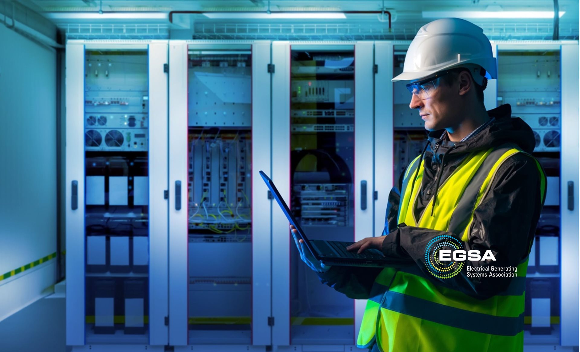Technician inspecting switchgear and controls with a laptop
