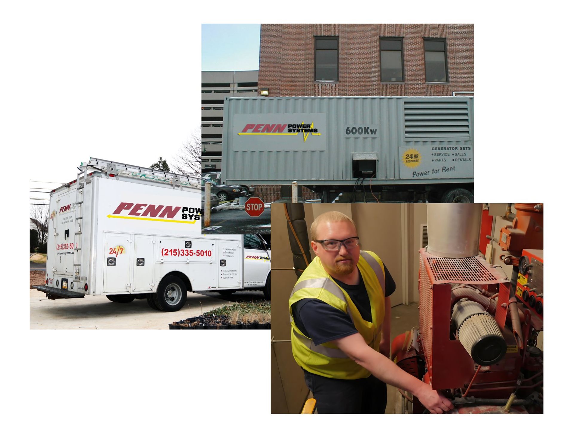 Penn Power Systems service trucks, a 600 kW unit and a technician at work